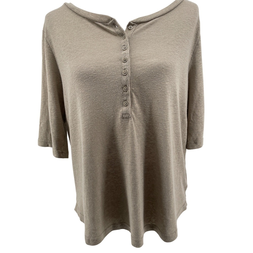 Gap Henley Linen Tee Top Womens Medium Light Brown Metallic Shimmer Cottagecore